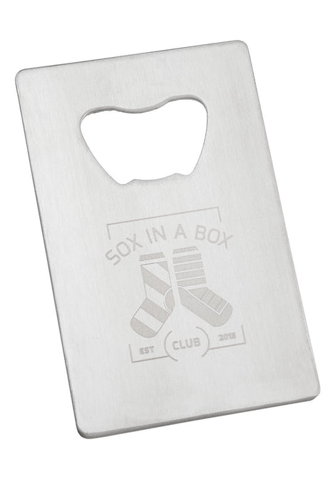 Example of the Credit Card Bottle Opener in Stainless Steel, with a custom logo engraved. 