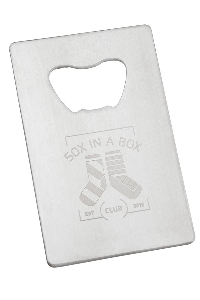 Example of the Credit Card Bottle Opener in Stainless Steel, with a custom logo engraved. 