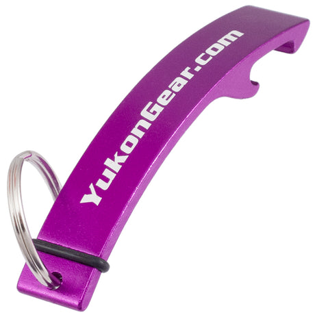 Example of purple Designer Logo Bottle Opener showing a custom text engraving. 