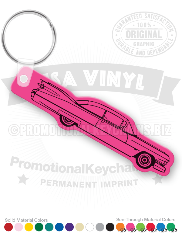A pink vinyl keychain in the shape of a classic Cadillac car, with imprinted text and logo.