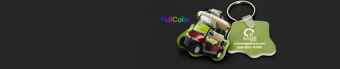 Vinyl keychain featuring a full color logo and text on a black background.