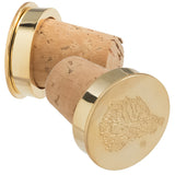 Two wine corks with polished gold metal tops, featuring an artistic boar head design die struck into the surface.
