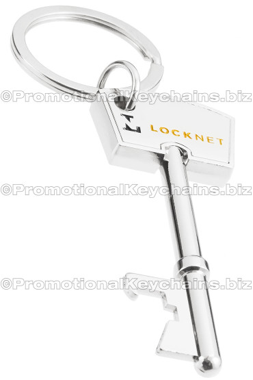 Key Shaped Customized Bottle Opener Promotional Keychains - Polished Nickel With Color Fill