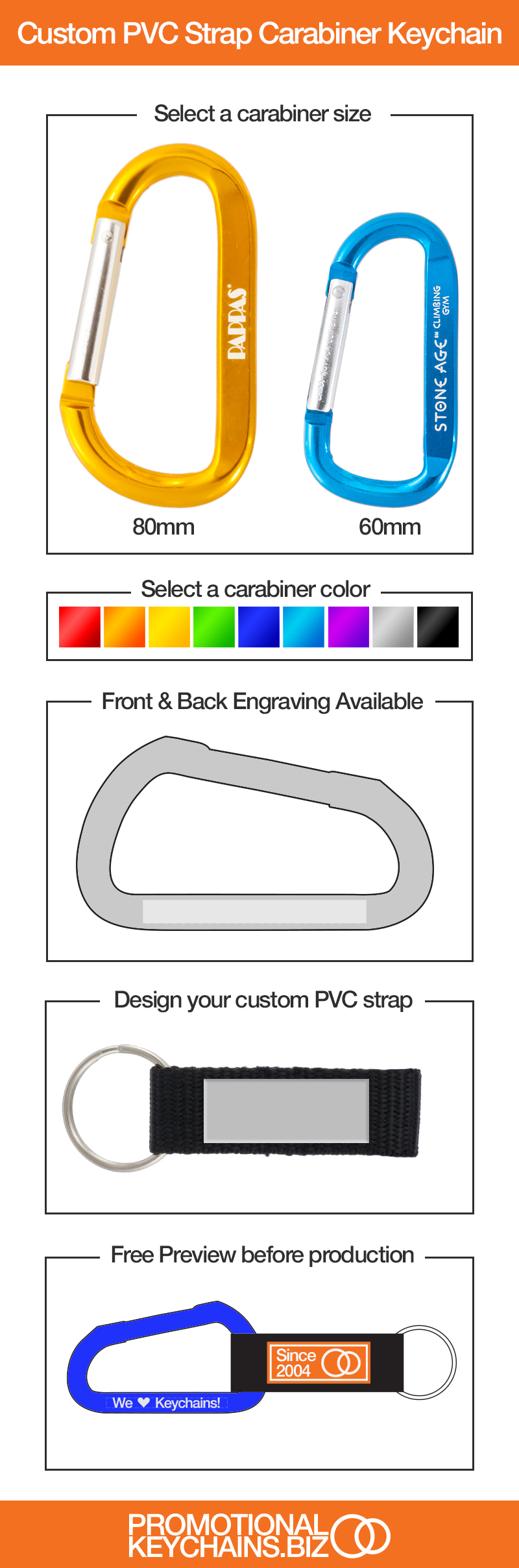 How to order an engraved carabiner keychain with custom PVC strap from PromotionalKeychains.biz