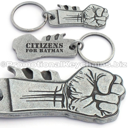 Product image of custom die cast keychains depicting the fisted glove of Batman