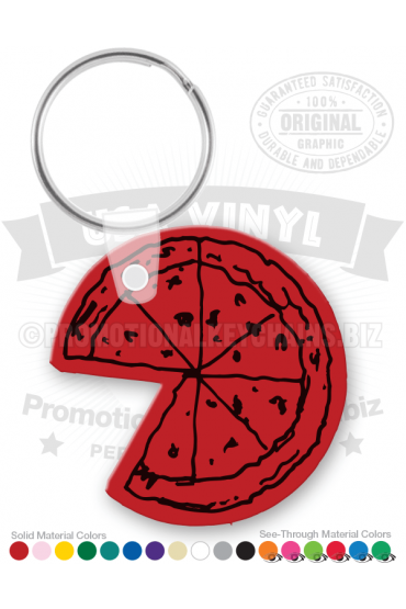 Image of a red keychain featuring an illustration of a pizza with a slice taken out. Promotional key chains are leading trends.
