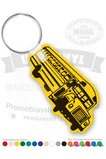 Product image of a yellow school bus promotional keychain intended for a school or the education market
